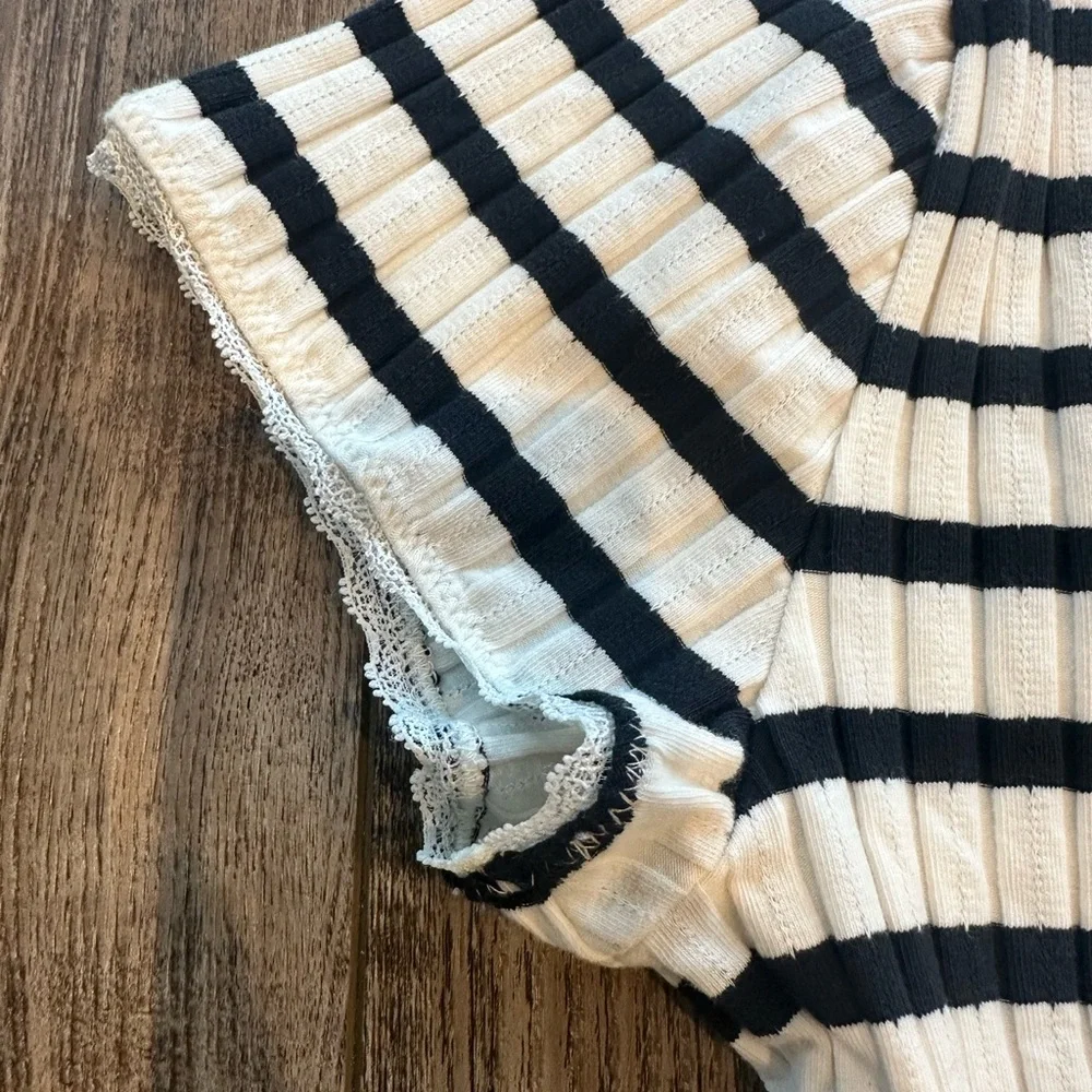 J. Crew Black and White Striped Pointelle Ribbed Short Sleeve Tee XL - Picture 2 of 6